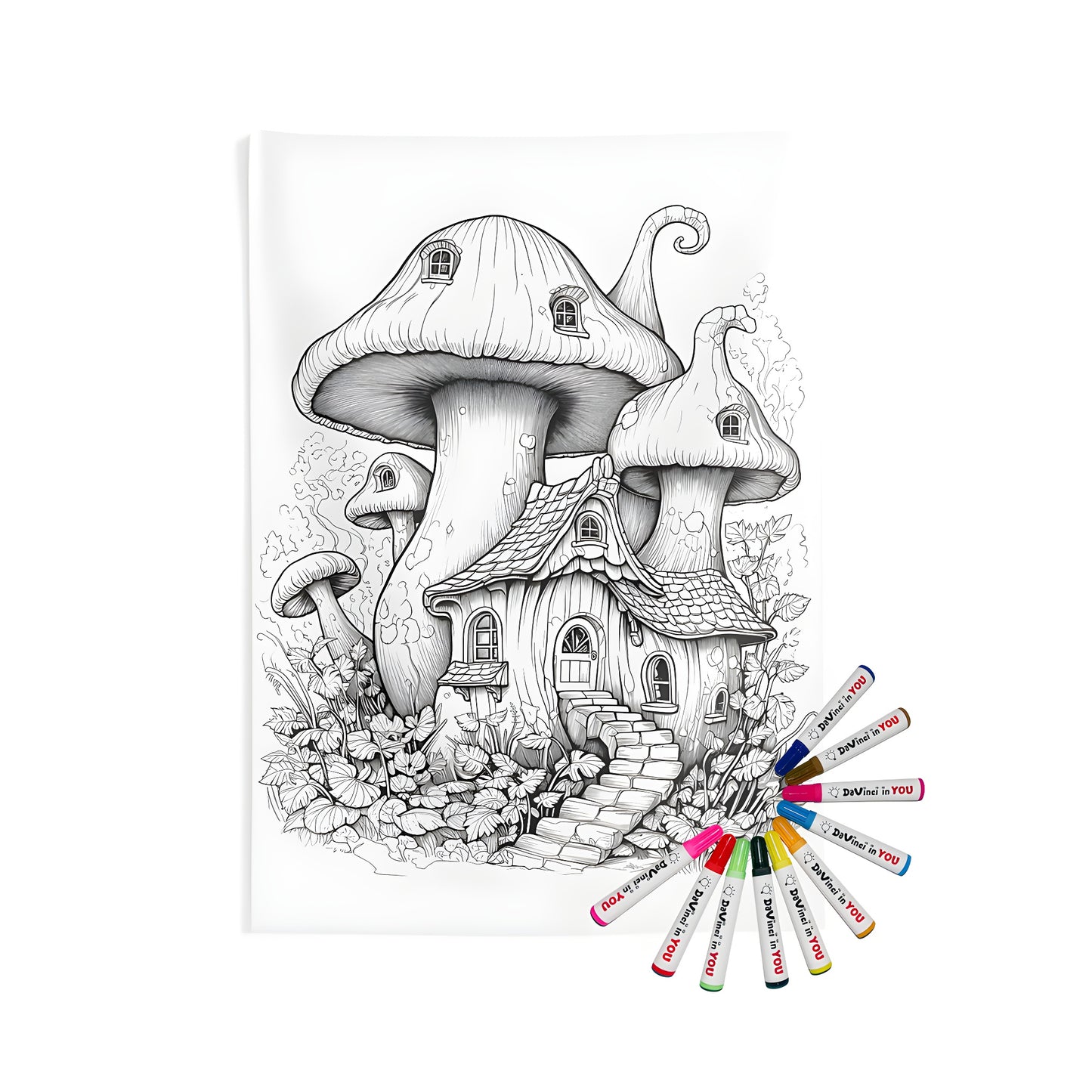 Whimsical indoor wall tapestry featuring a black and white illustration of a fantasy mushroom house with stairs, windows, and surrounding foliage. Perfect for bohemian decor or a unique gift.