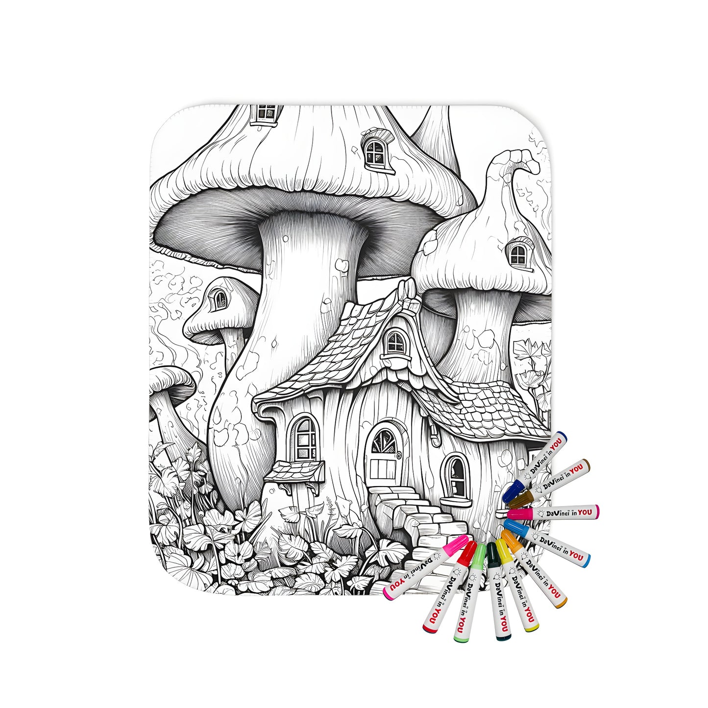 Whimsical blanketed illustration of a fantastical mushroom house design with stairs and gardens