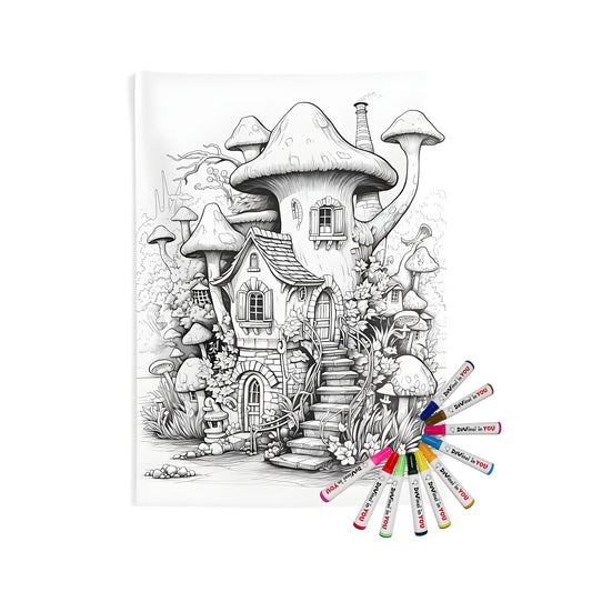 Coloring page illustration of a whimsical mushroom abode, complete with intricate details and vibrant colors, printed on an indoor wall tapestry. Includes 10 fabric markers for creative expression.