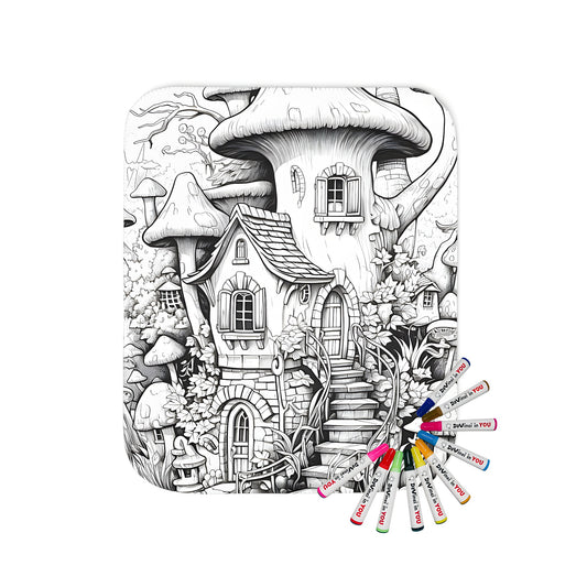 Cozy blanket featuring an enchanted forest scene with a whimsical mushroom house illustration, perfect for adults and kids alike