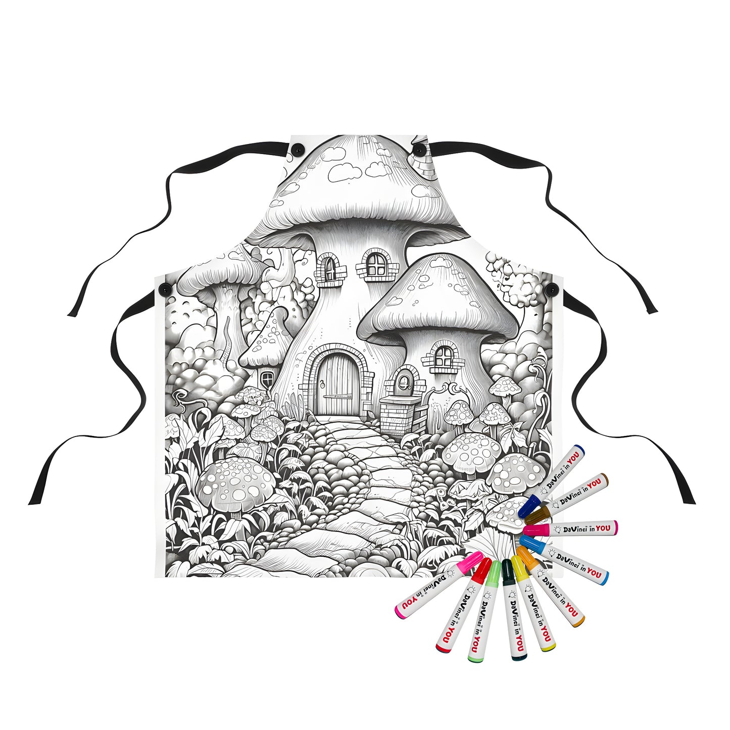 Whimsical forest apron with mushroom house design and fabric markers for adult coloring