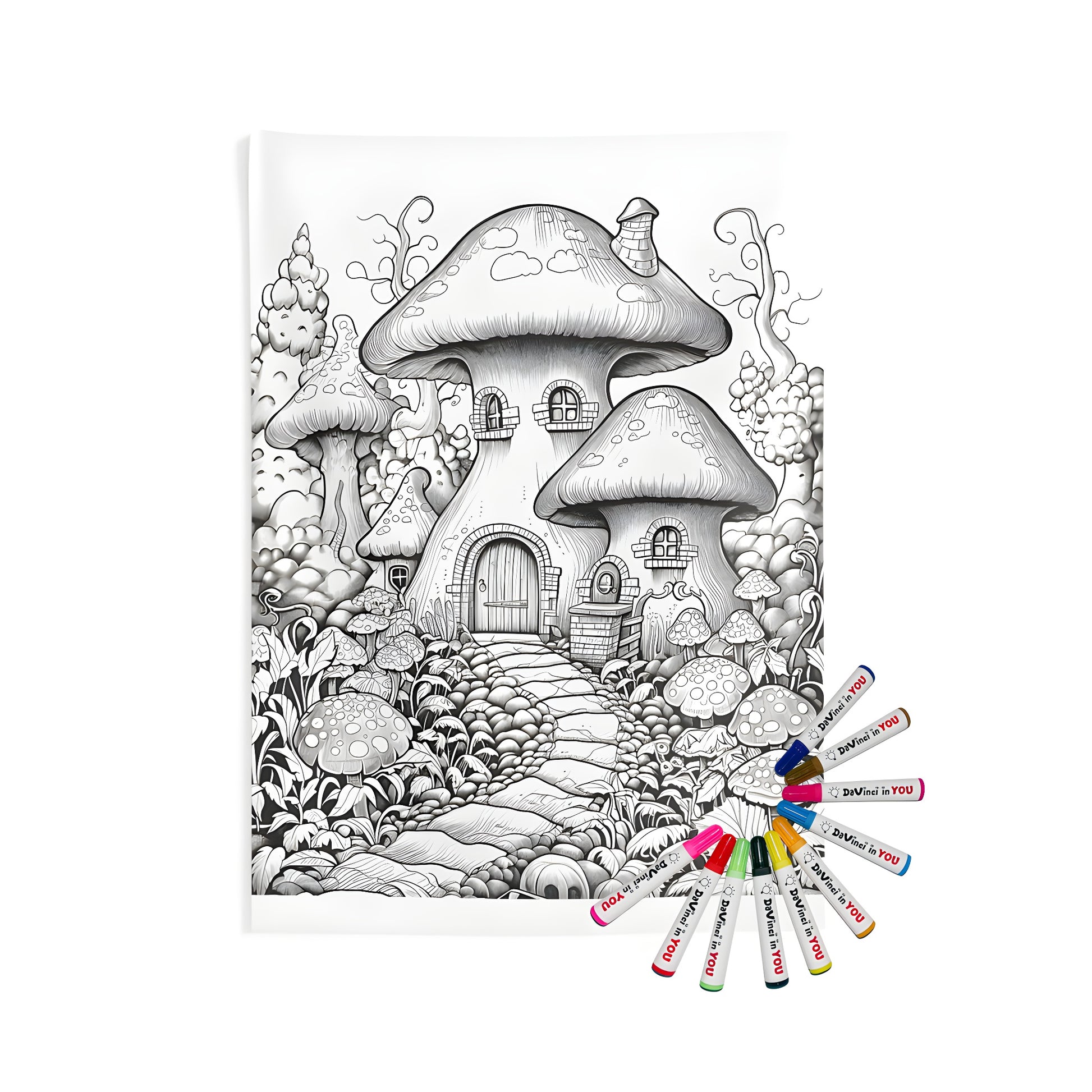 Whimsical mushroom house wall tapestry with magical forest and stone pathway