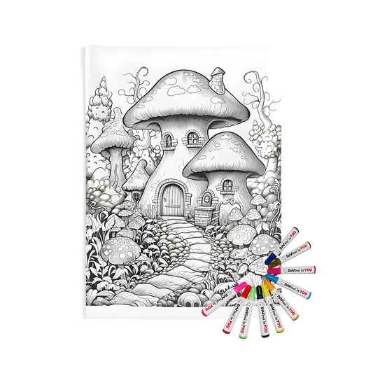 Whimsical mushroom house wall tapestry with magical forest and stone pathway