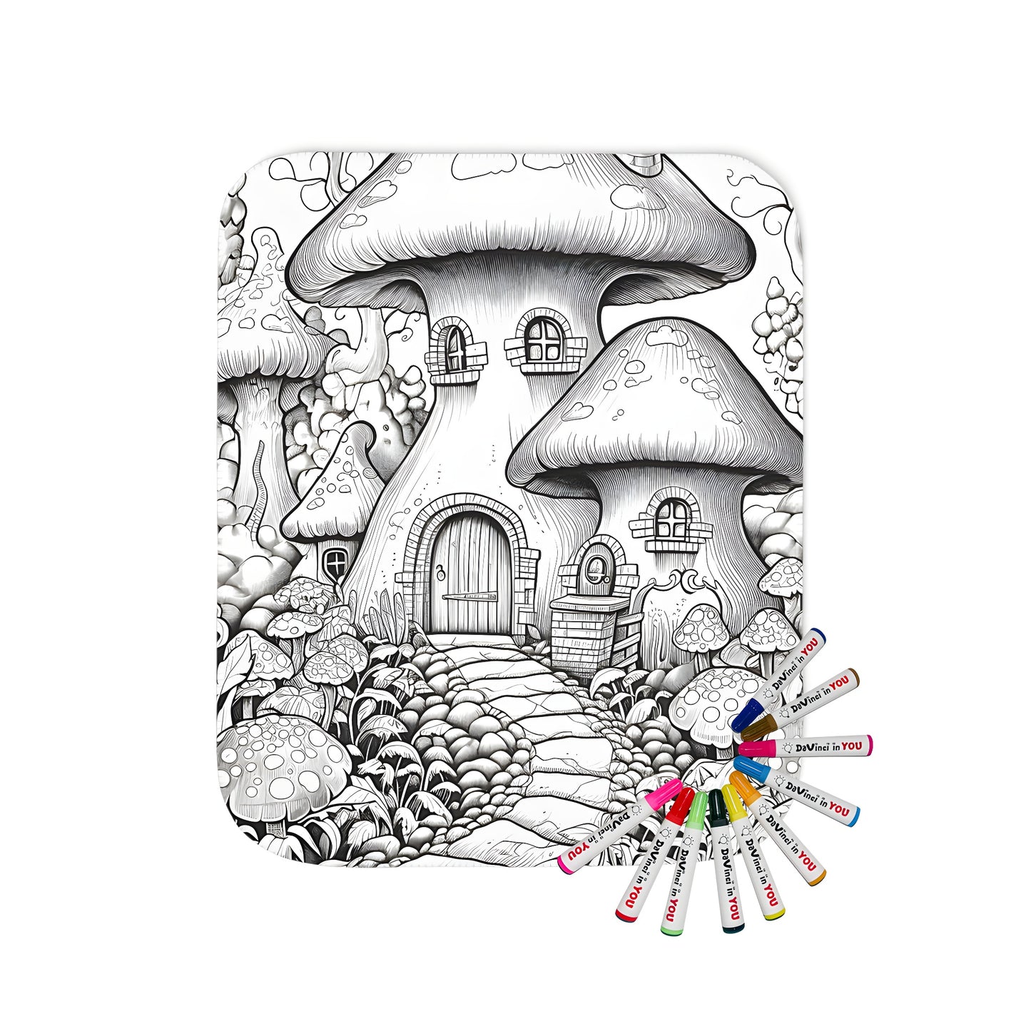 Colorful blanket with whimsical mushroom cottage design