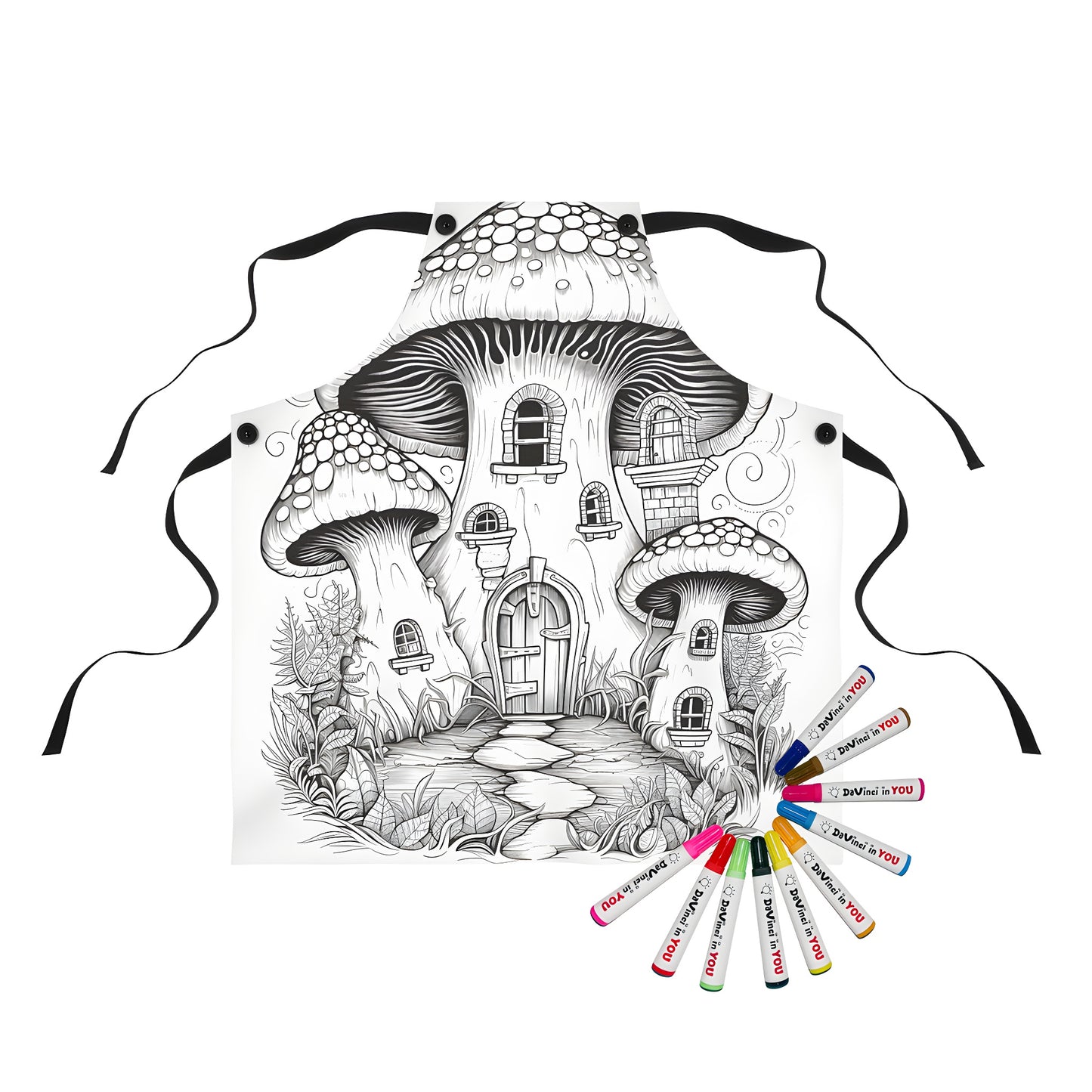 Whimsical mushroom house apron coloring kit with 10 fabric markers - an artsy, fun way to create a customized mushroom cap or apron with intricate details, windows, and door