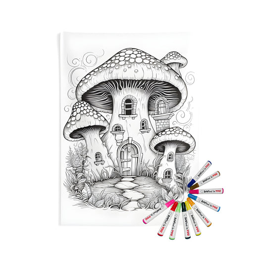 Indoor wall tapestry featuring whimsical mushroom house art with intricate details, windows, door, and surrounded by plants in black and white.