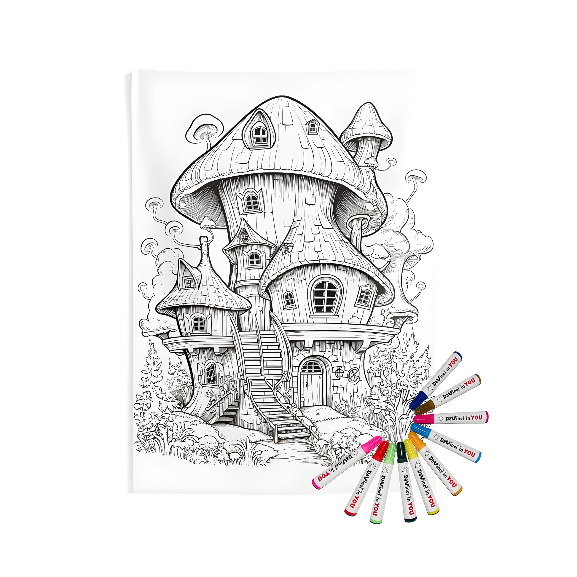 Whimsical Fungi Abode Indoor Wall Hanging, detailed illustration of a colorful toadstool house with windows and stairs, surrounded by lush greenery