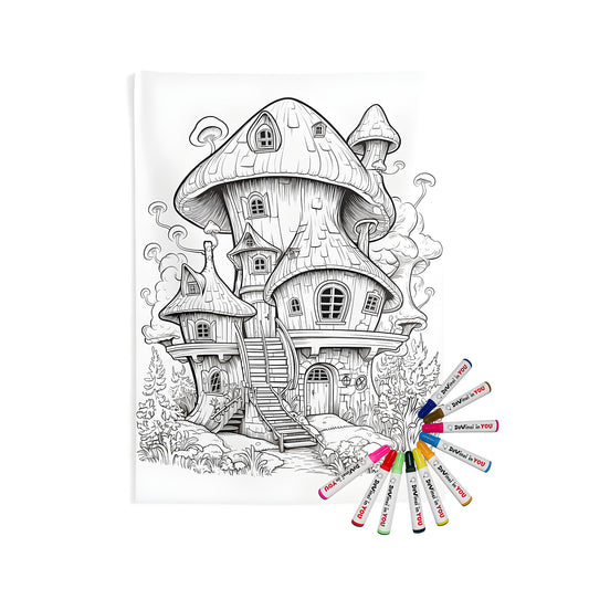 Whimsical Fungi Abode Indoor Wall Hanging, detailed illustration of a colorful toadstool house with windows and stairs, surrounded by lush greenery