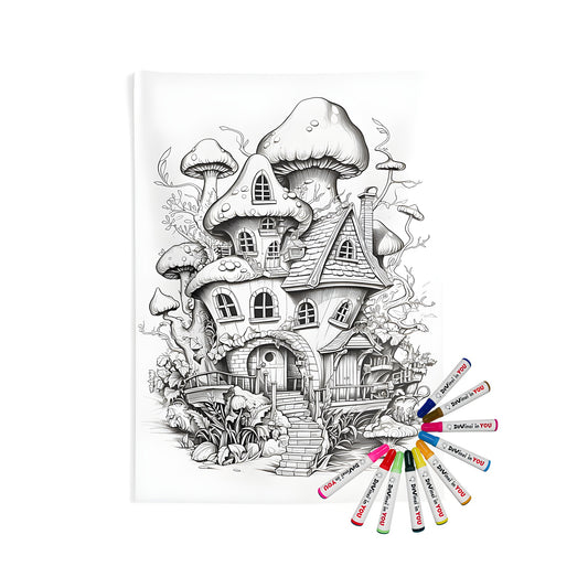 Indoor wall tapestry featuring a whimsical mushroom house design with intricate details and plants