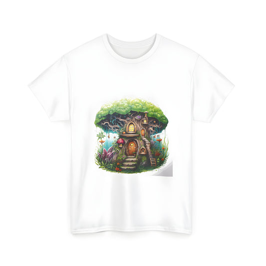 A colorful fantasy treehouse tee with lanterns, mushrooms, and vibrant plants on a unisex t-shirt