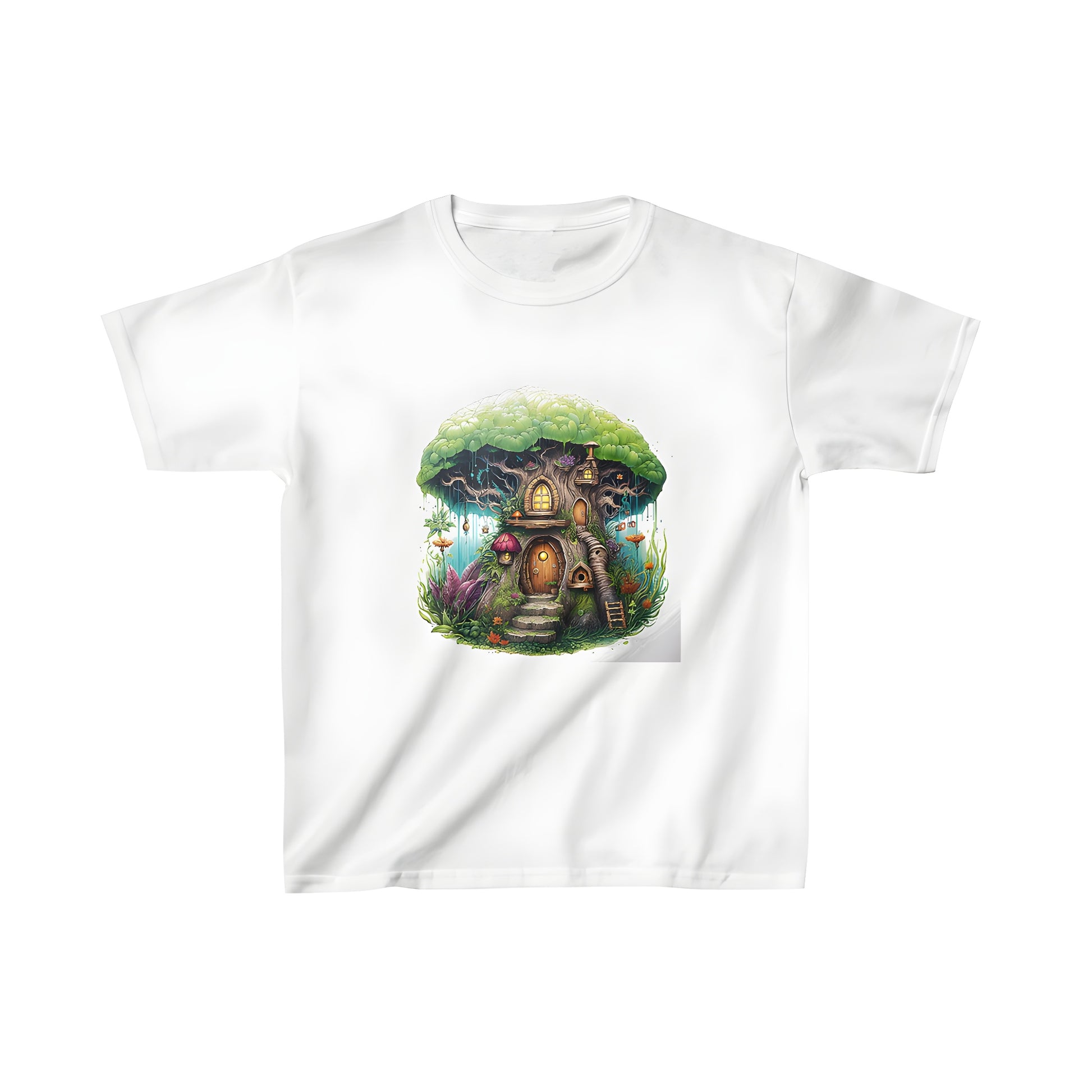 Colorful fantasy treehouse t-shirt for kids, featuring a whimsical treehouse design with lanterns and plants