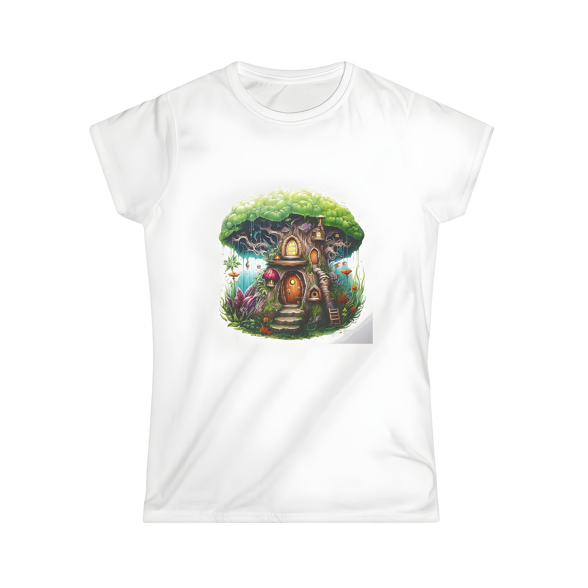 Colorful fantasy treehouse t shirt design featuring glowing windows and wooden doors