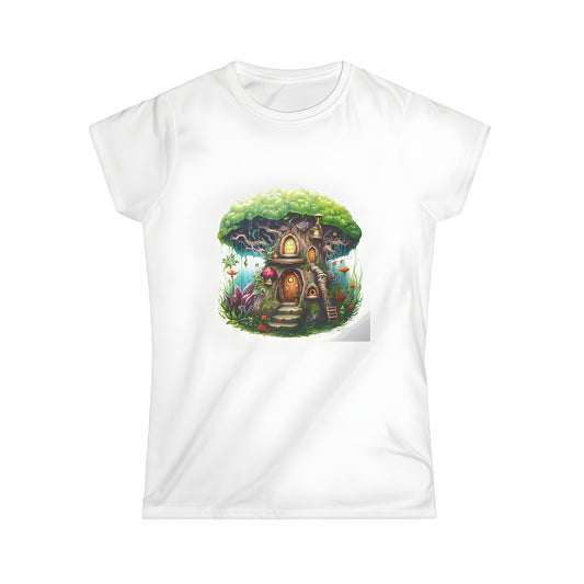 Colorful fantasy treehouse t shirt design featuring glowing windows and wooden doors