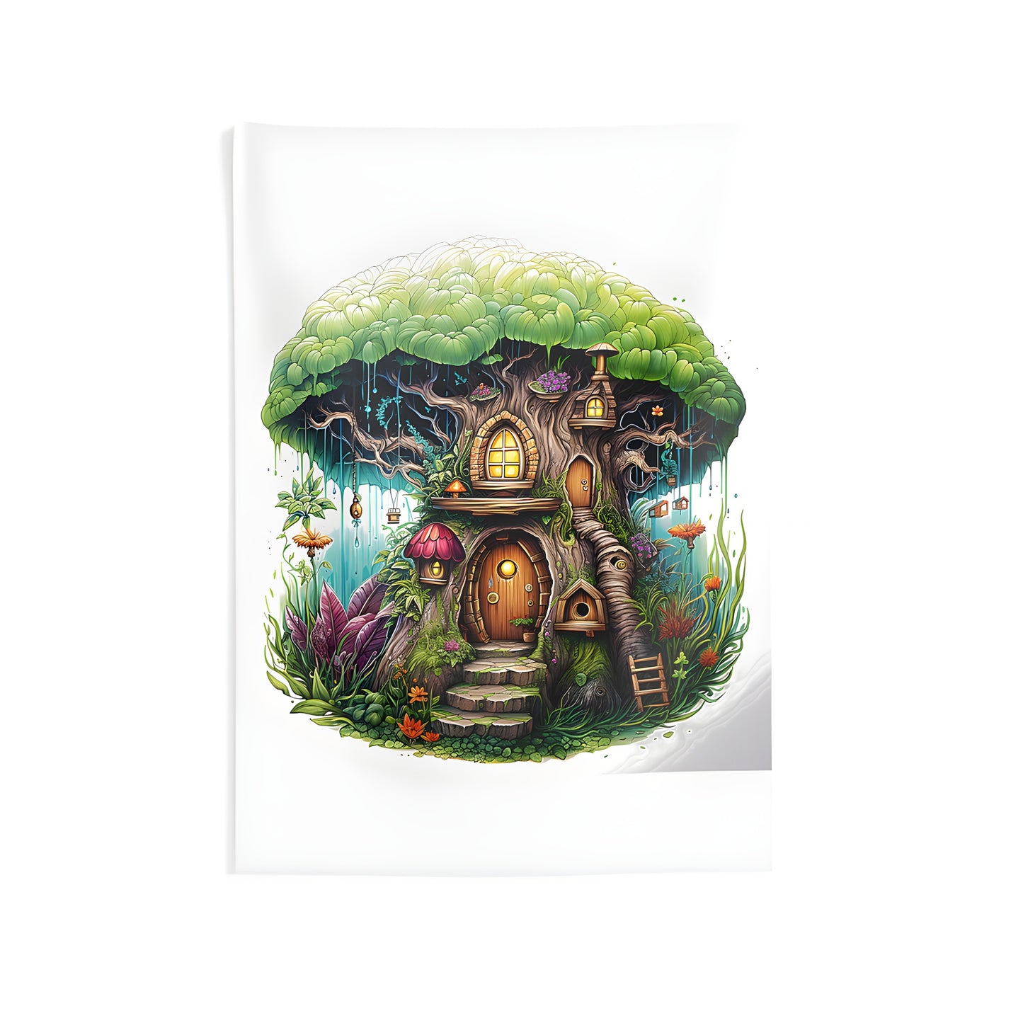 Indoor wall tapestries featuring a whimsical tree house or fairy village scene with colorful fantasy architecture and lush greenery.