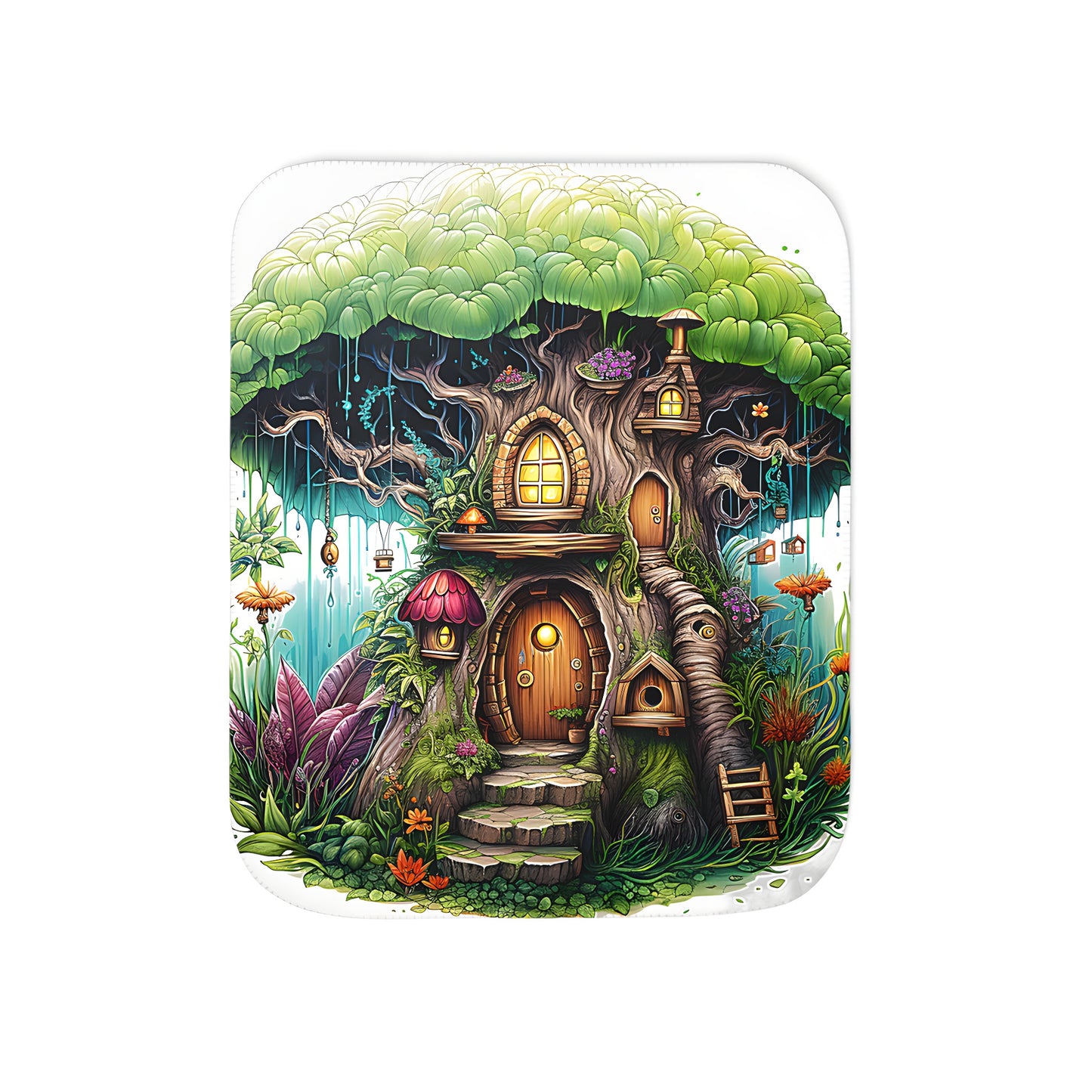 Cozy blanket with a whimsical treehouse design featuring colorful lanterns, mushrooms, and vibrant plants