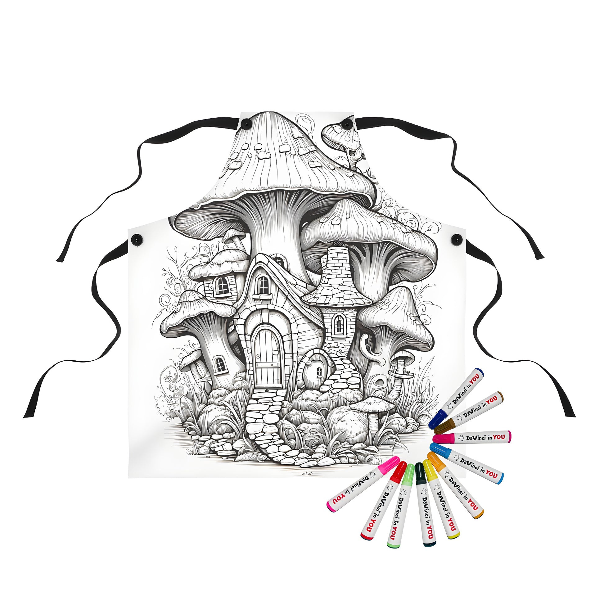 Whimsical mushroom house illustration apron design with fabric markers