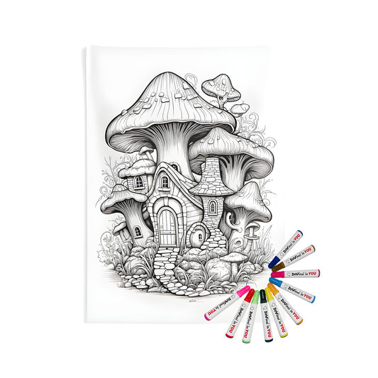 Whimsical mushroom abode wall tapestry with stone pathway and lush greenery