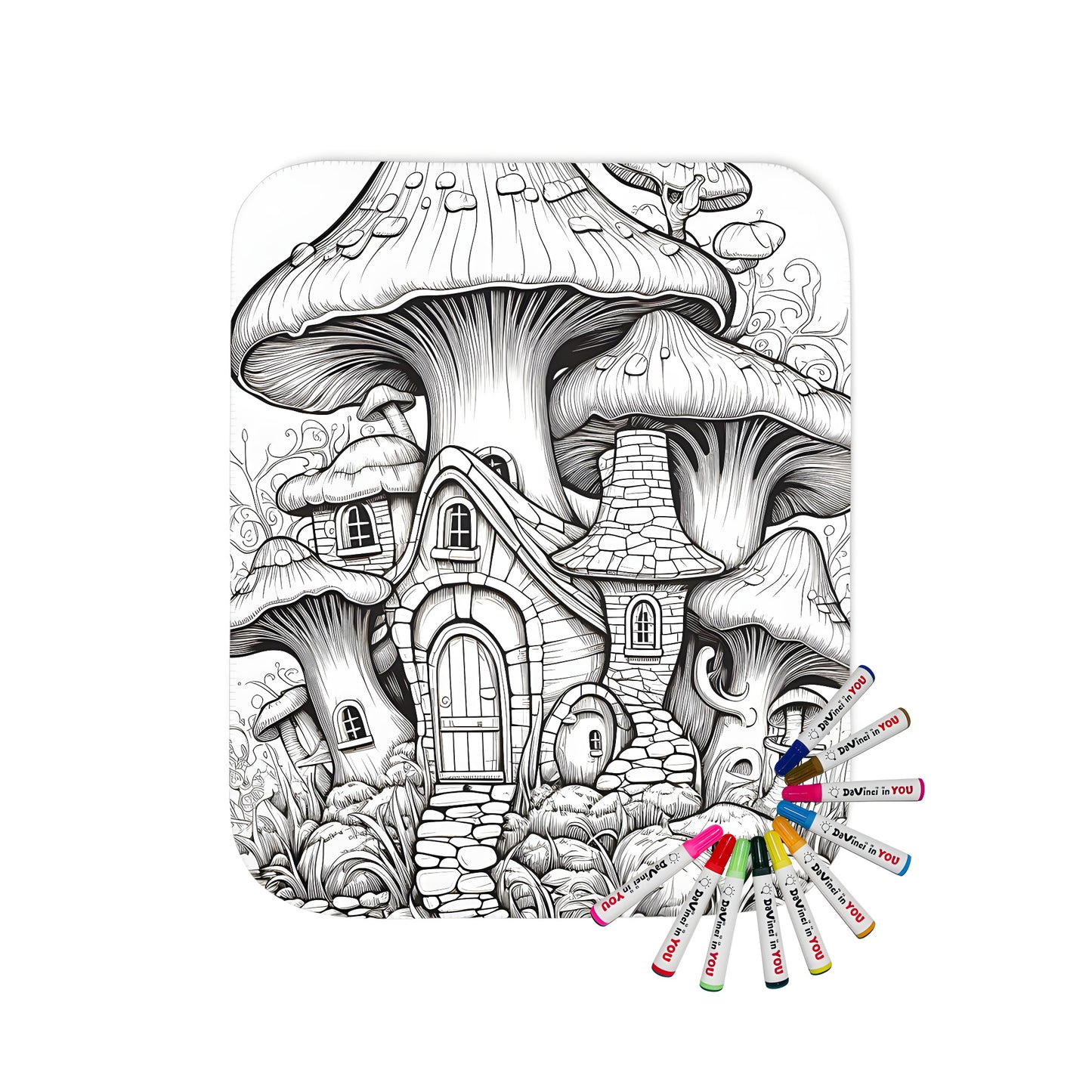 Cozy blanket featuring an enchanting whimsical mushroom house illustration, perfect for adult coloring and home decor