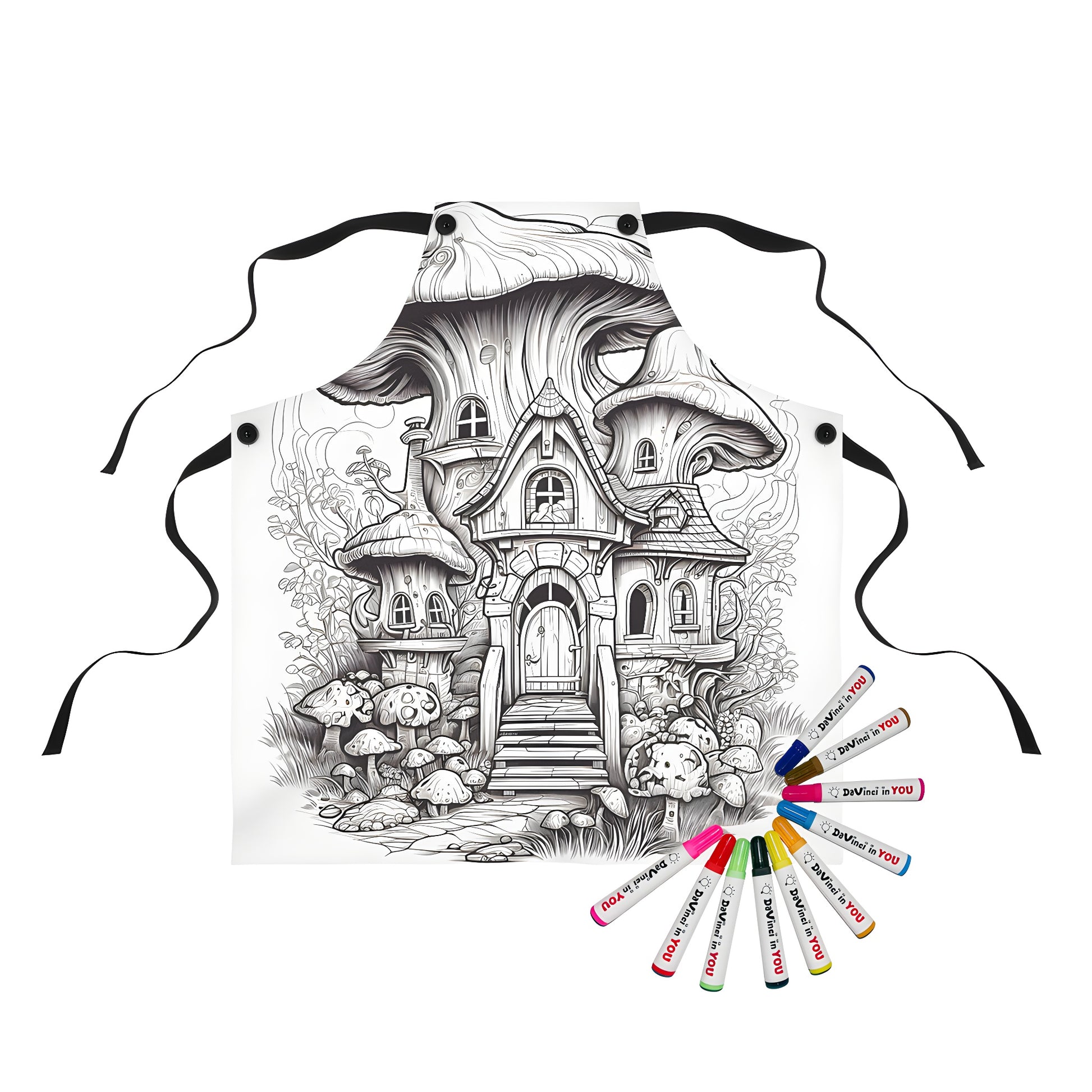 Whimsical apron with intricate black and white illustration of fantasy mushroom house design