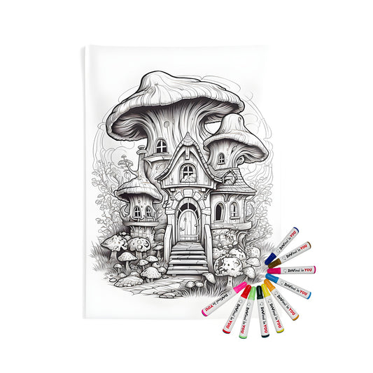 Indoor wall tapestry with whimsical mushroom house, fantasy woodland scene, and intricate black-and-white illustration