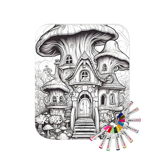 Coloring blanket featuring an intricate black-and-white illustration of a whimsical mushroom house, fantasy woodland scene, and detailed architecture