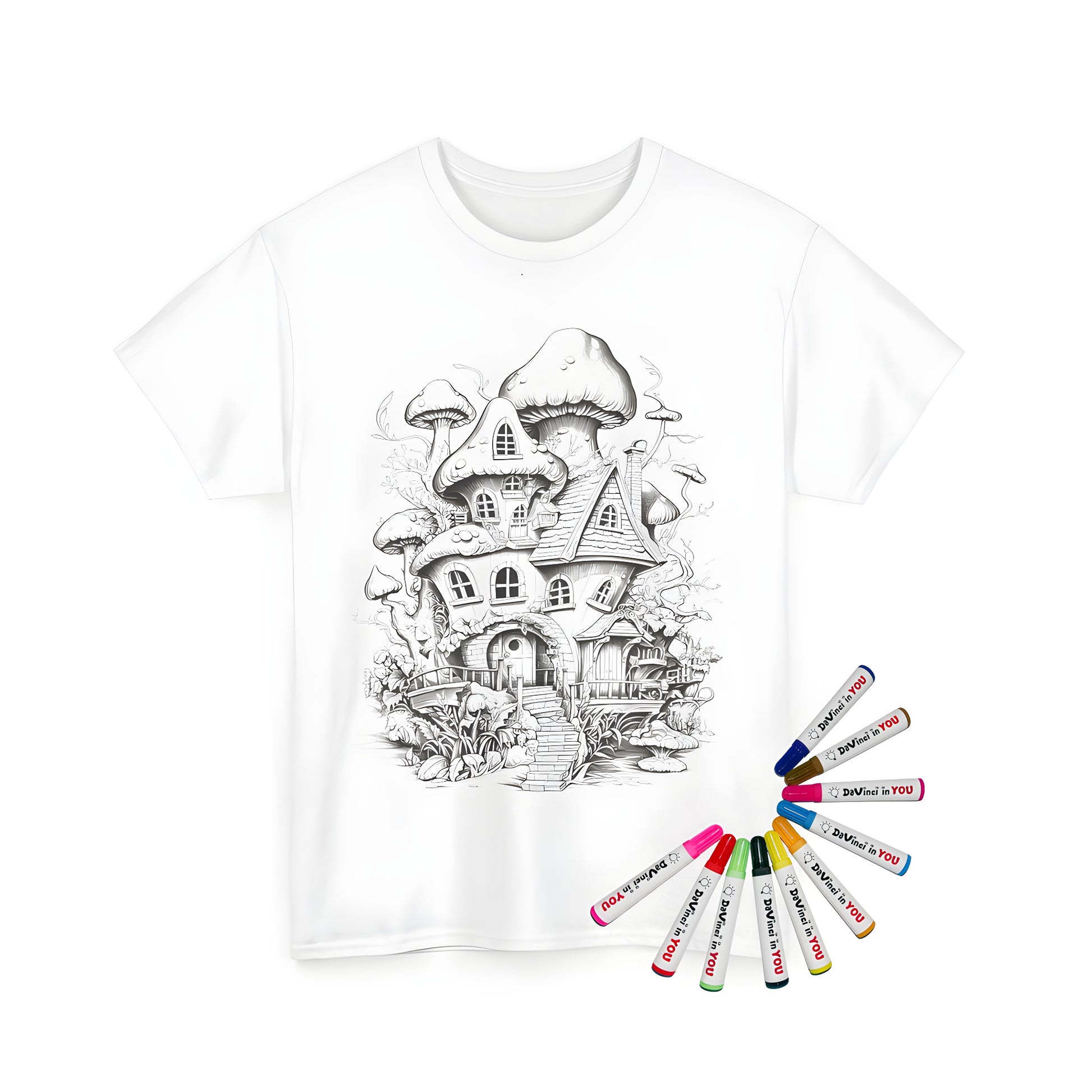 Coloring kit unisex t-shirt featuring whimsical illustrations of a fungus home surrounded by flora and fauna