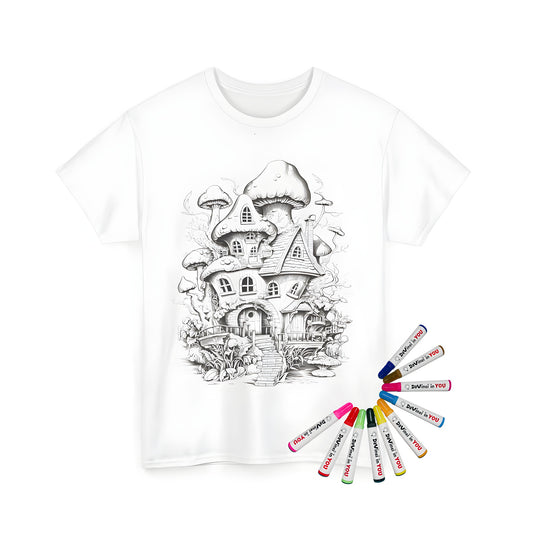 Coloring kit unisex t-shirt featuring whimsical illustrations of a fungus home surrounded by flora and fauna