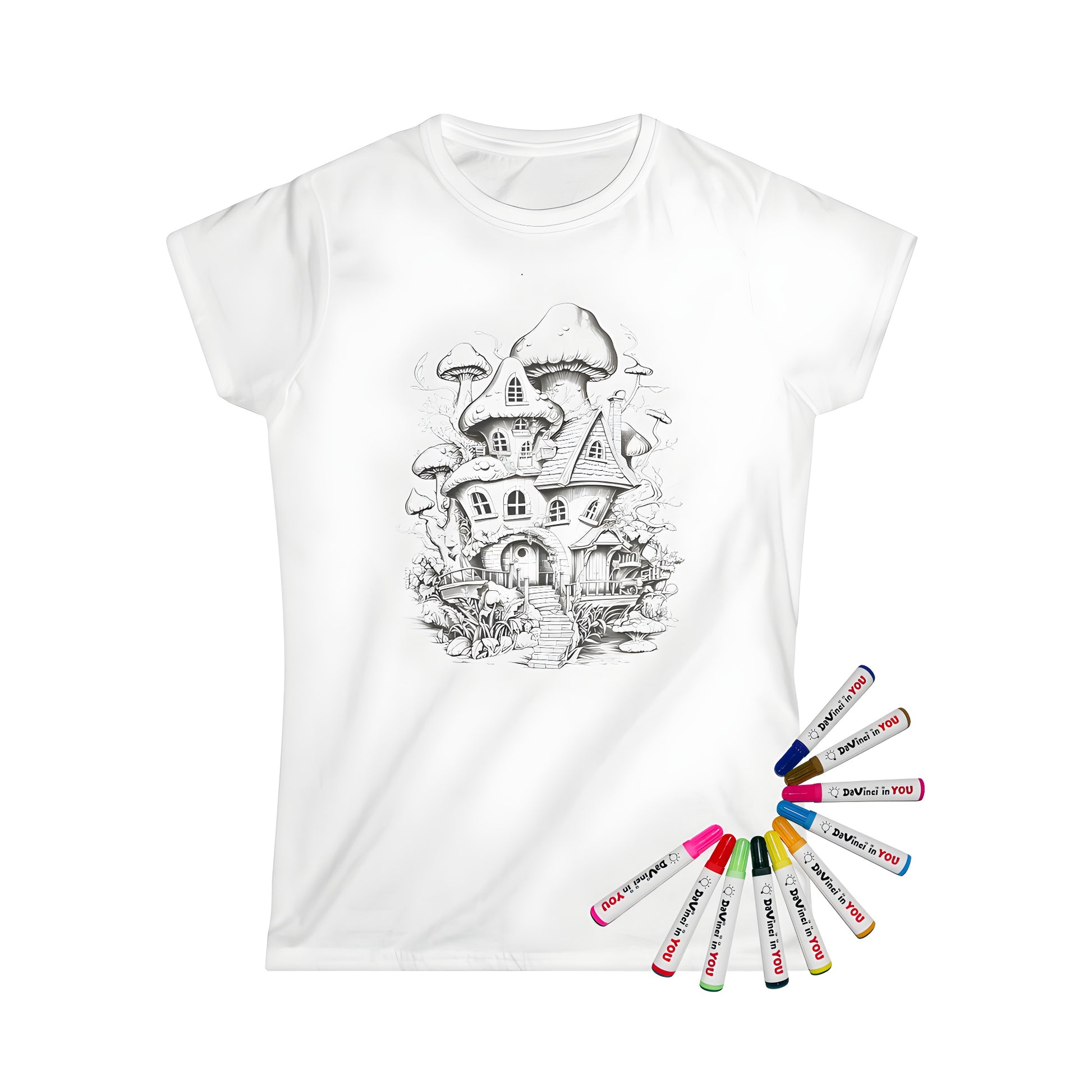 Whimsical mushroom house design on a soft women's t-shirt featuring colorful fabric markers and intricate details.