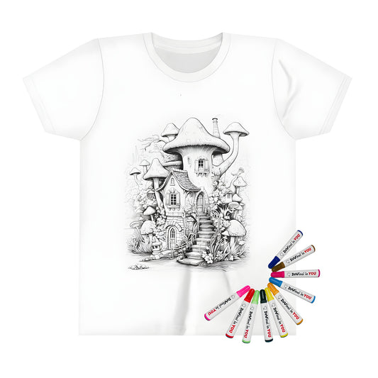 Kid's T-shirt featuring an imaginative mushroom home illustration