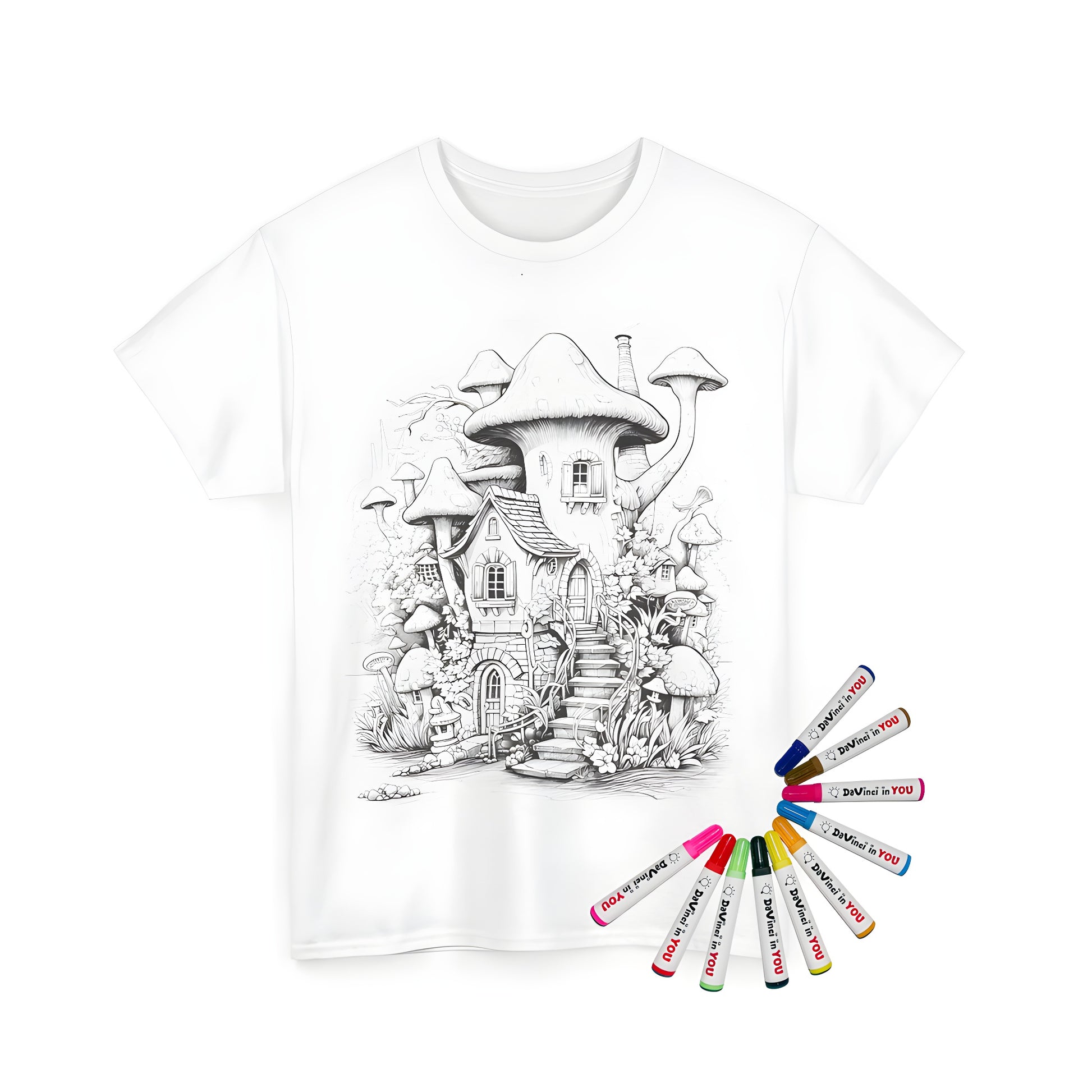 Coloring kit for a unisex t-shirt featuring a whimsical mushroom house design with stairs, windows, and plants