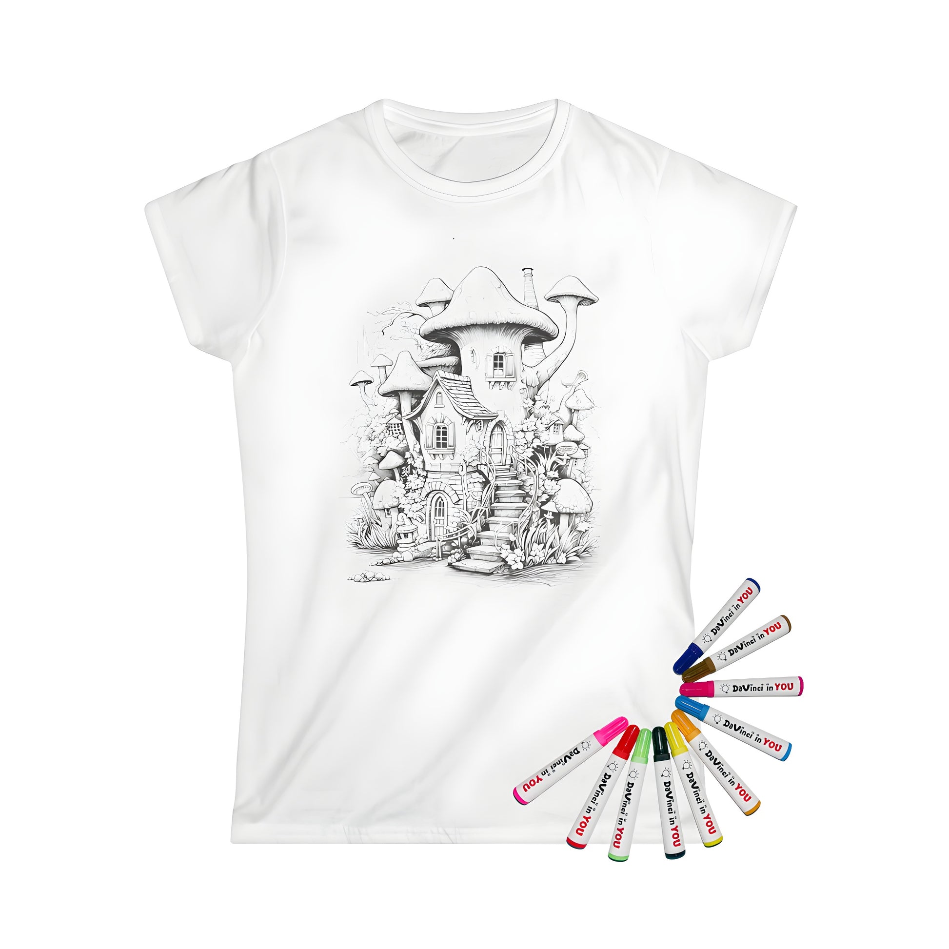 Women's t-shirt featuring a whimsical mushroom capitol house illustration