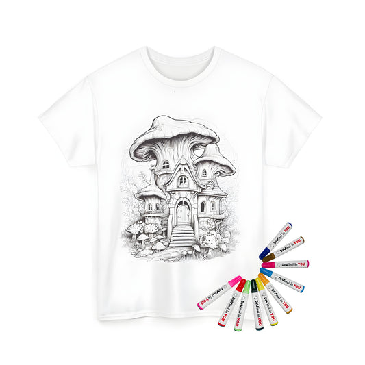 Coloring kit for unisex t-shirt featuring intricate black-and-white whimsical designs of fantastical forest homes, fantasy architecture, and woodland scenes