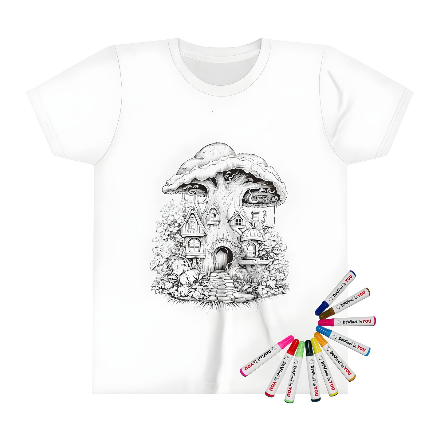 Coloring kit kid's t-shirt featuring an intricate mushroom house illustration on black background