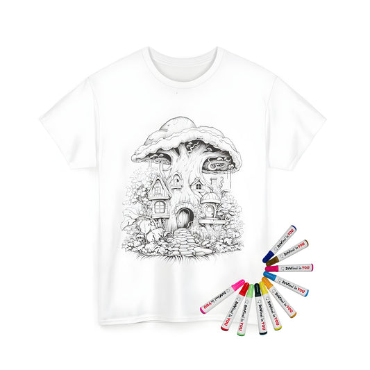 Mushroom house, whimsical house, fantasy house artwork on unisex t-shirt