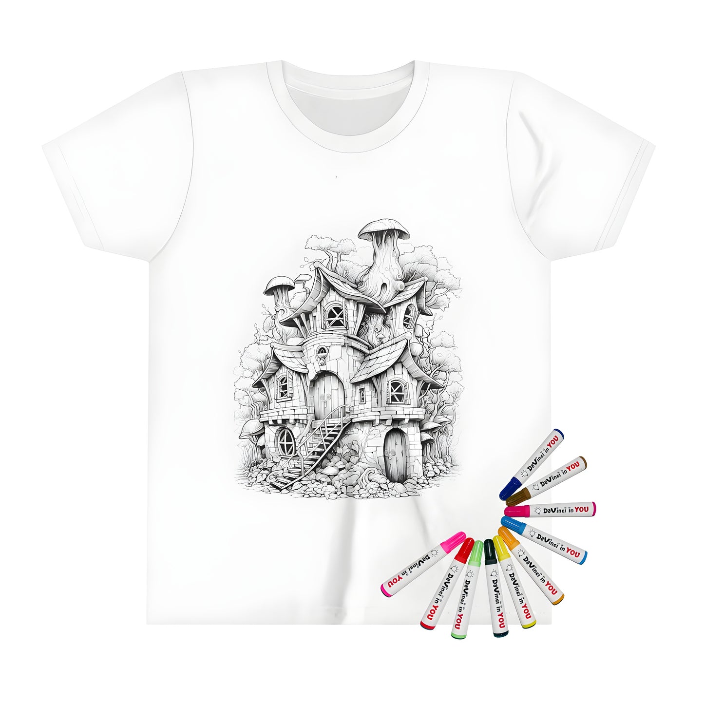 Kid's t-shirt with whimsical mushroom house design, perfect for kids who love nature and fantasy