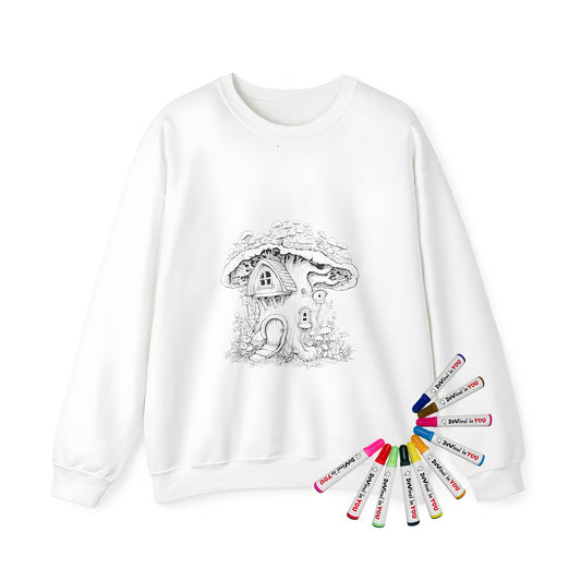 Whimsical adult sweatshirt featuring a detailed black-and-white drawing of a fantasy mushroom house design with multiple windows and door, surrounded by plants and smaller mushrooms