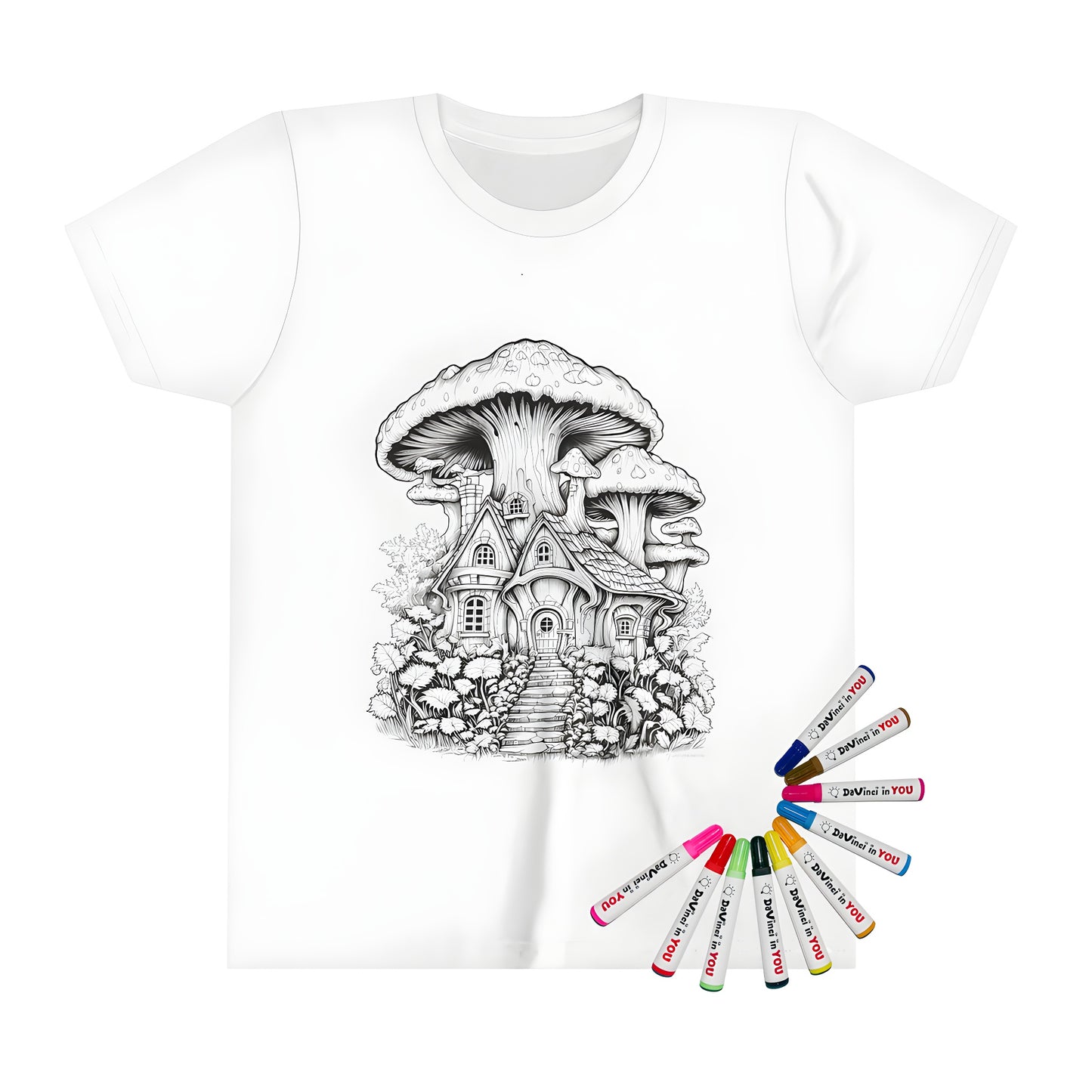 Whimsical house shirt with mushroom cap, colorful flowers & fungi print