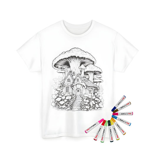 Whimsical unisex t-shirt with colorful mushroom house design, featuring large toadstools and leafy surroundings.