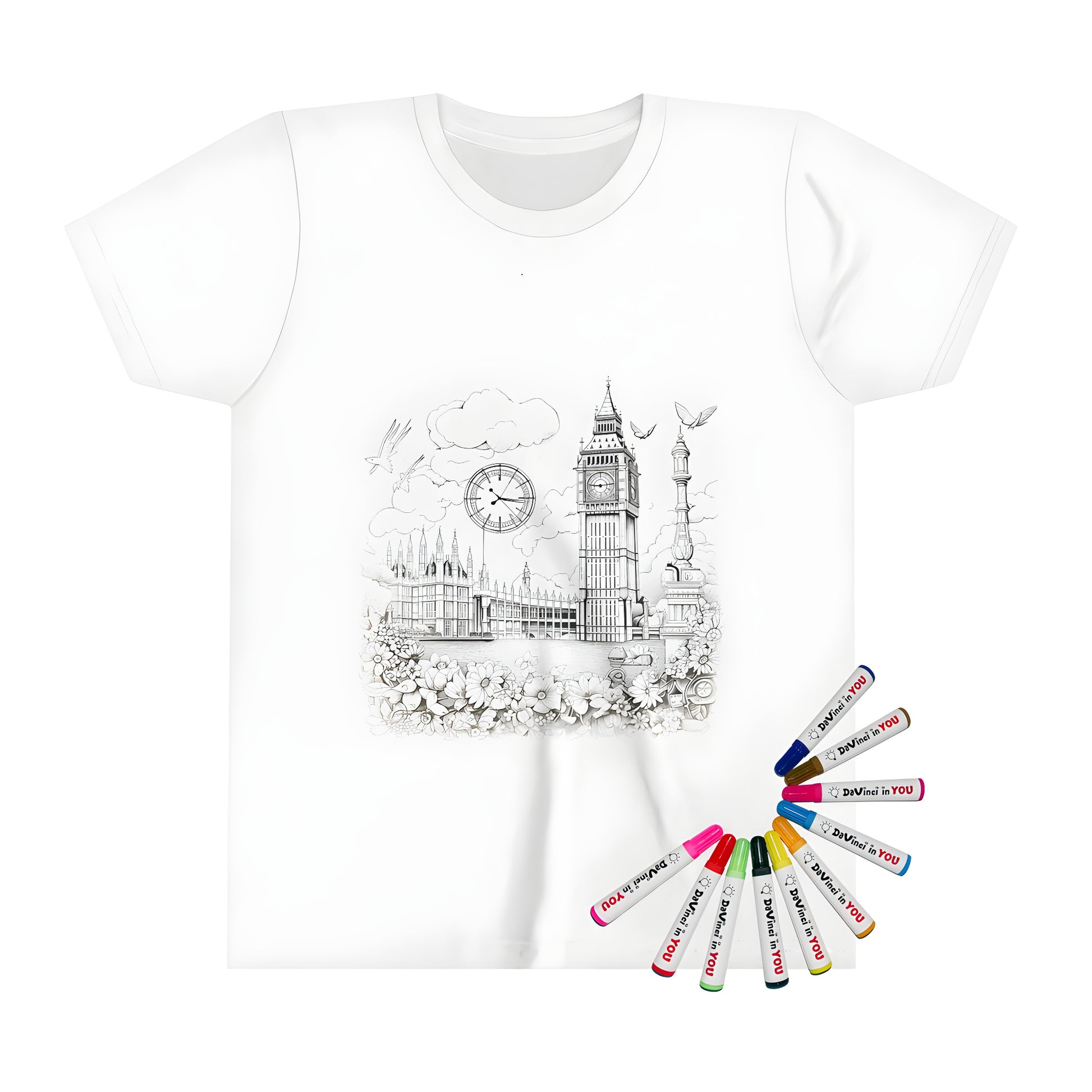 Intricate black and white drawing of London landmark Big Ben on a kid's t-shirt, also known as the Elizabeth Tower