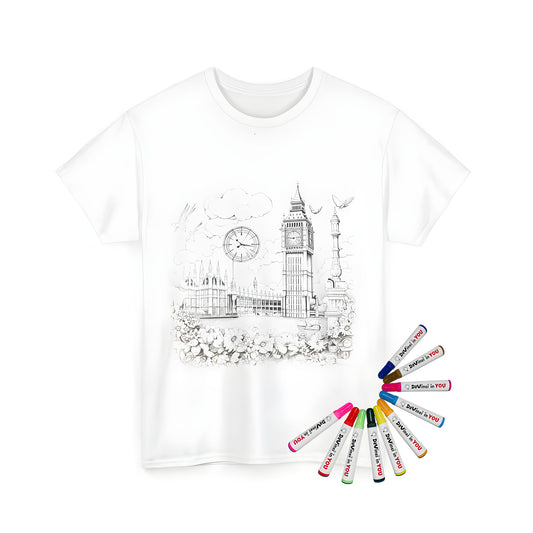 Intricate black and white drawing of London's iconic clock tower, a bridge, flowers, and an old bicycle, printed on a Unisex T-shirt.