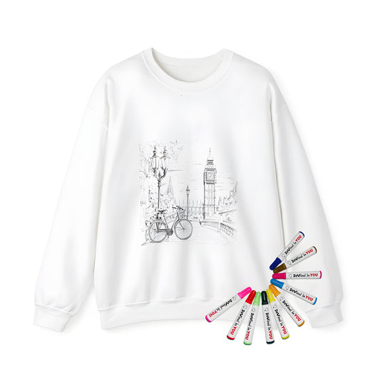 Adult sweatshirt with Big Ben, London clock tower illustration on front, colorful fabric markers and coloring pages included