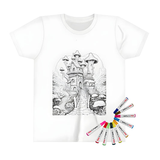 Whimsical mushroom house fantasy forest shirt, colorful kids apparel