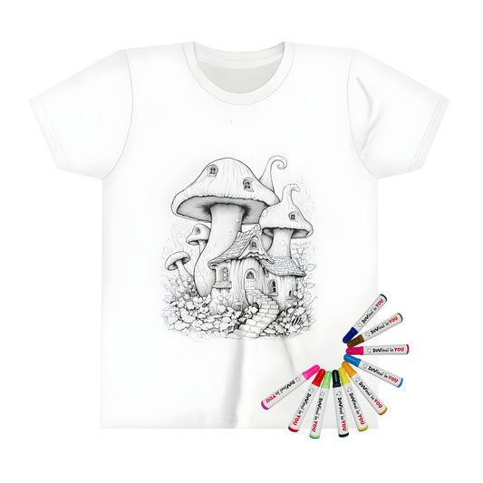 Whimsical Mushroom House T-Shirt illustration with colorful markers