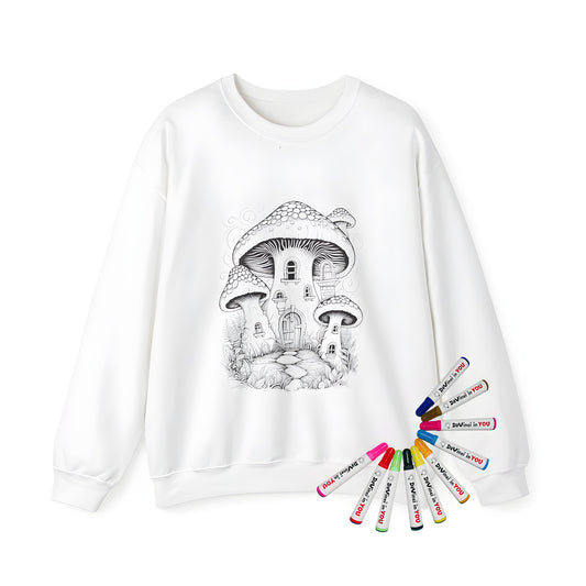 Adult sweatshirt featuring whimsical mushroom house illustration with intricate details, windows, door, and surrounded by plants