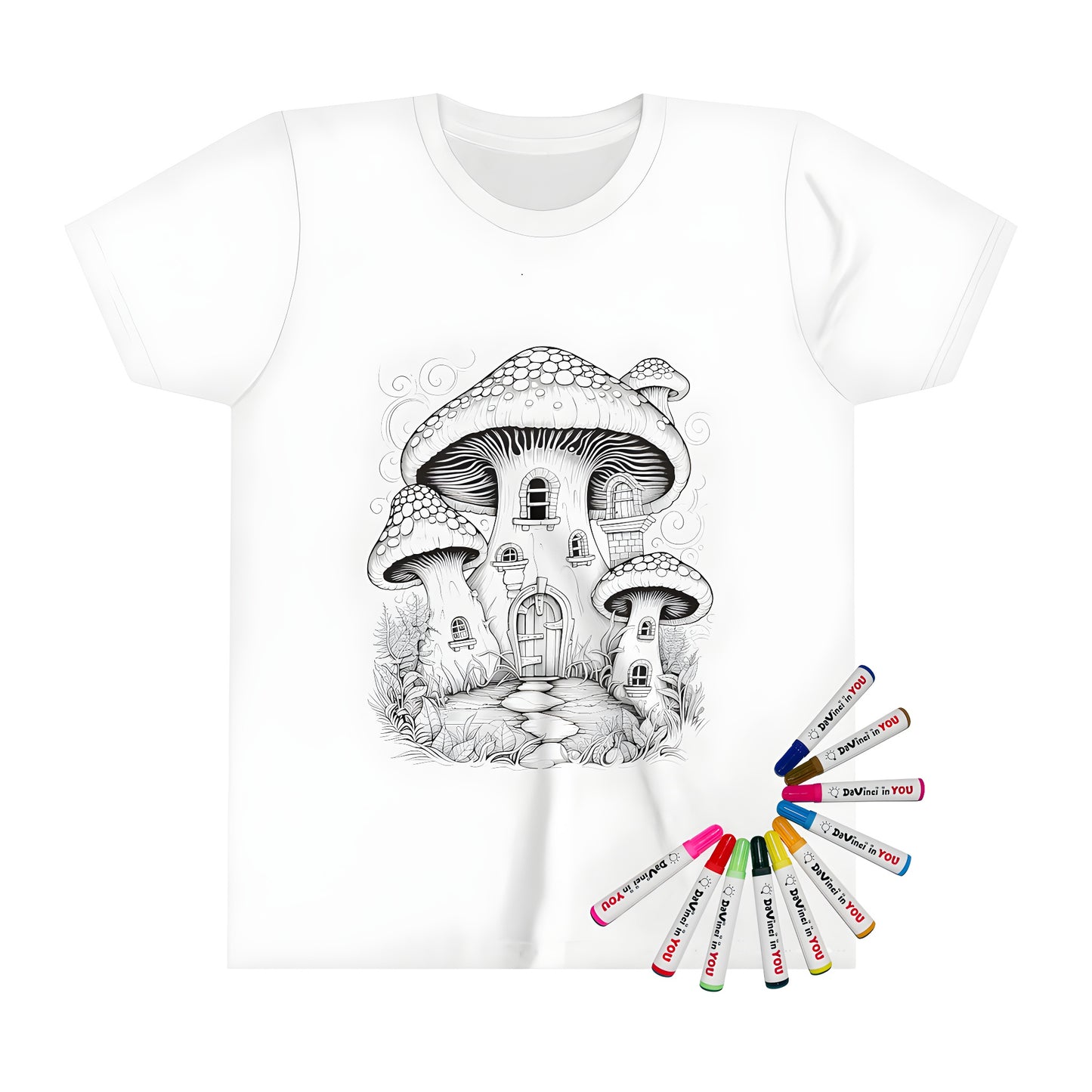 Whimsical mushroom house kid's t-shirt featuring intricate details of windows, door, and plants drawn in black and white