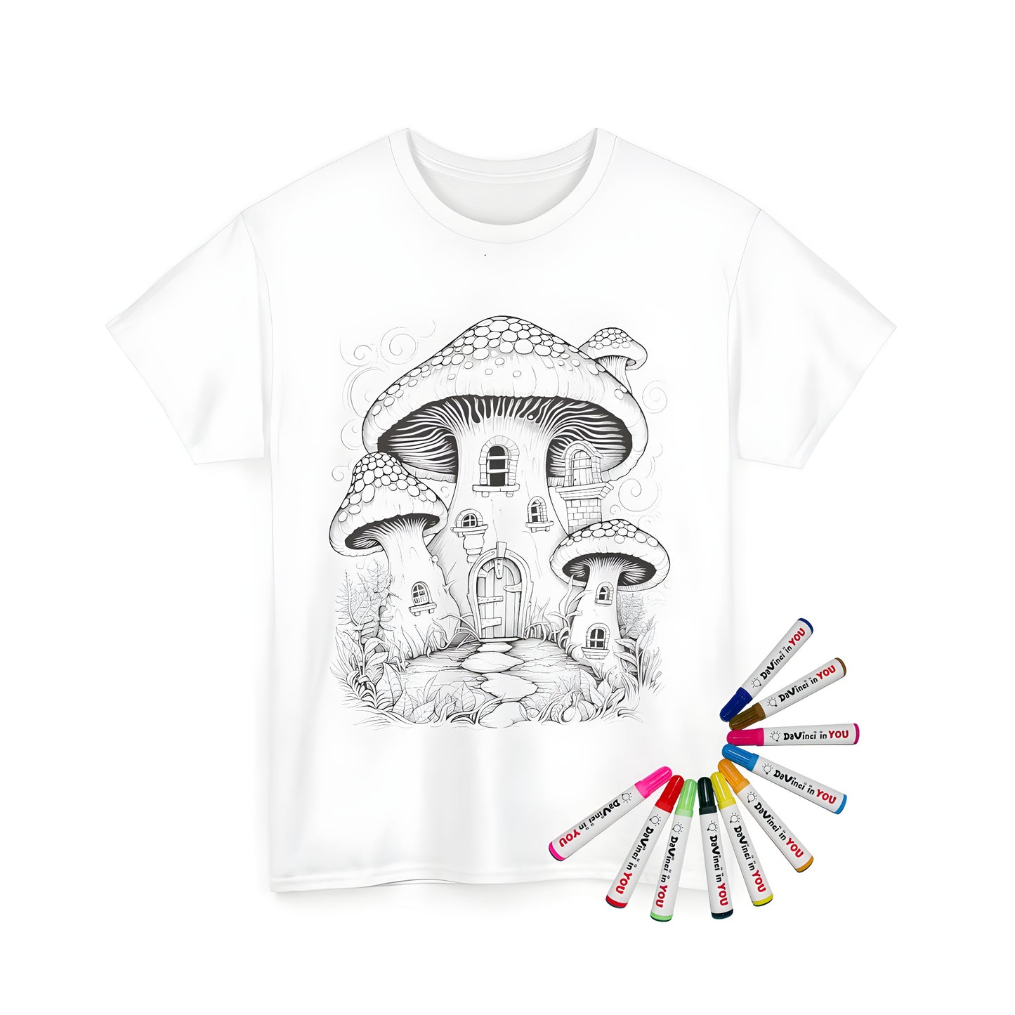 Coloring kit with Unisex t-shirt featuring a whimsical mushroom house design