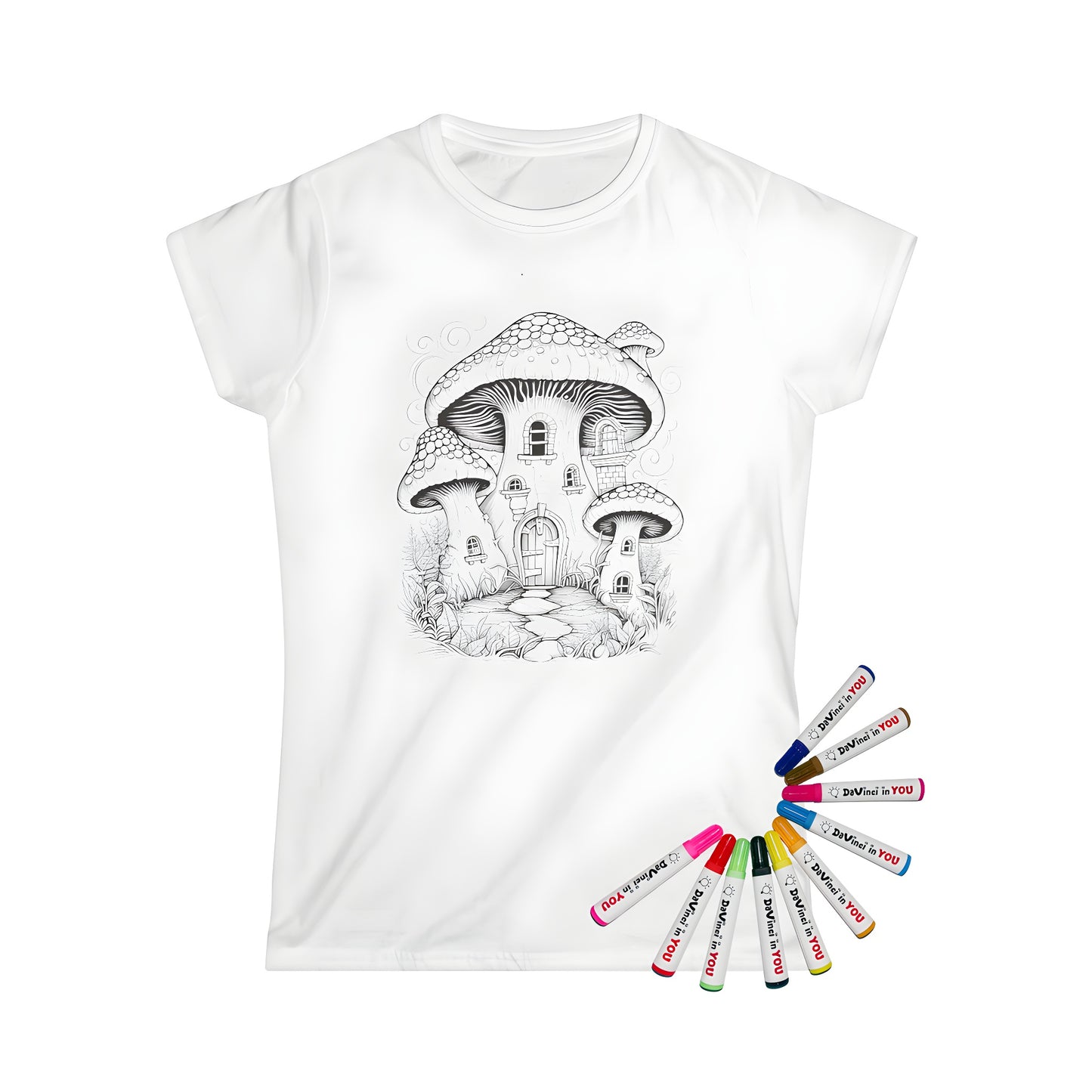 Whimsical mushroom house illustration on women's t-shirt