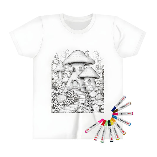 Coloring kit kid's t-shirt with whimsical mushroom house illustration and fabric markers