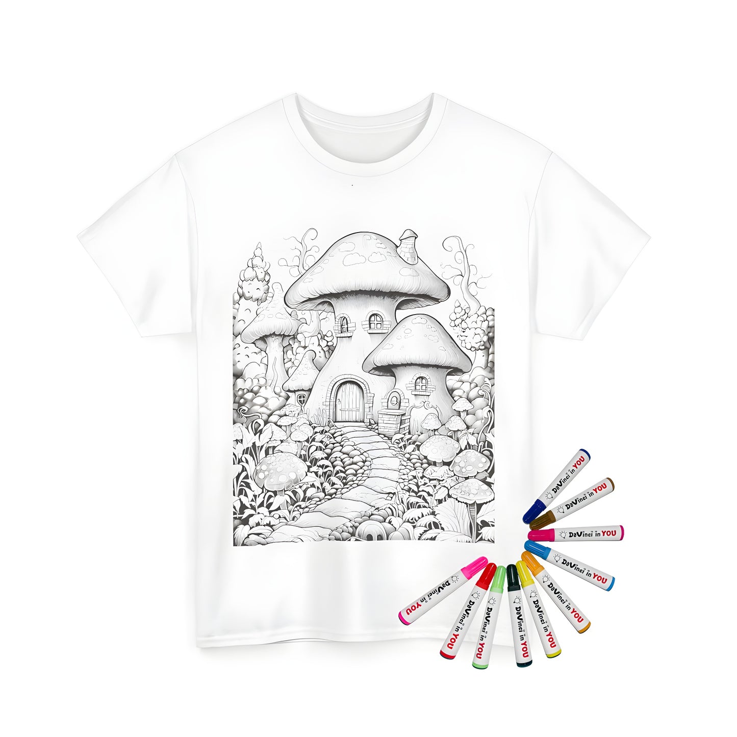 Unisex t-shirt featuring a whimsical mushroom house illustration on a coloring page design