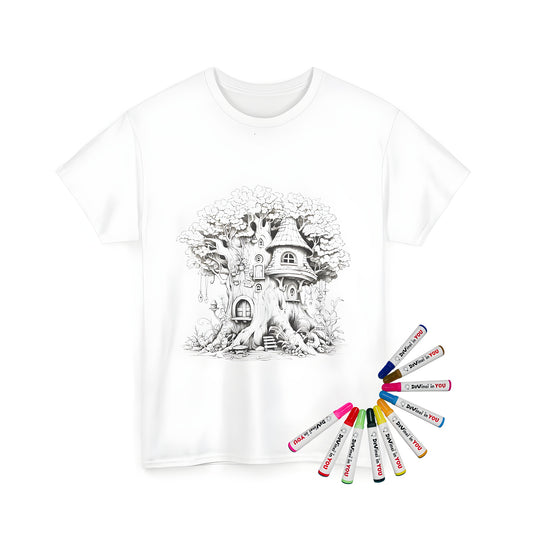 Whimsical treehouse illustration on unisex t-shirt, featuring intricate details and vibrant fabric markers